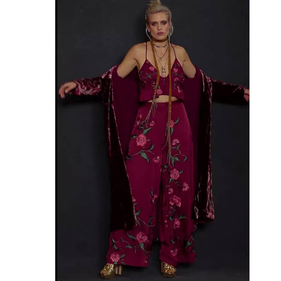 New Free People FP x Anna Sui Poppy Embroidered Pants Set $298 SIZE 2 Wine Silky - Picture 2 of 6